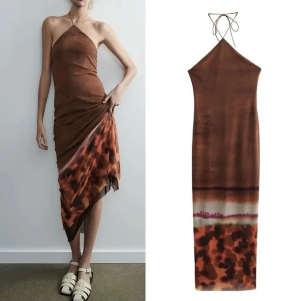 Zara Brown Leopard Print Tulle Halter Maxi Dress NWT Small Open Back Boho